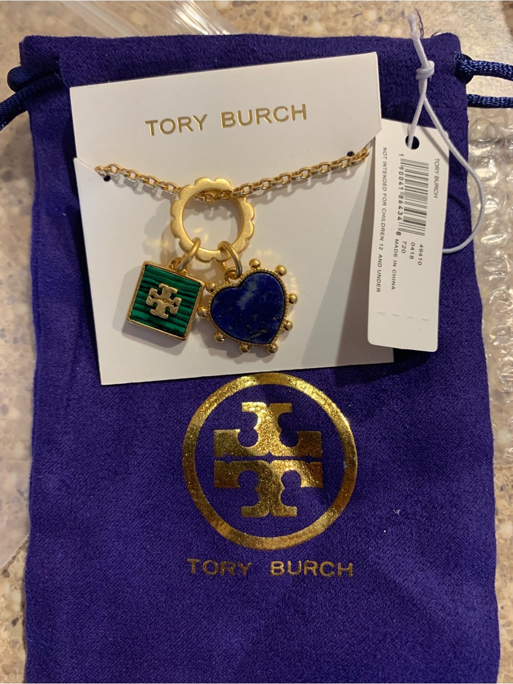 Tory Burch Gold Pendant Necklace with Green Enamel Square and Blue Heart